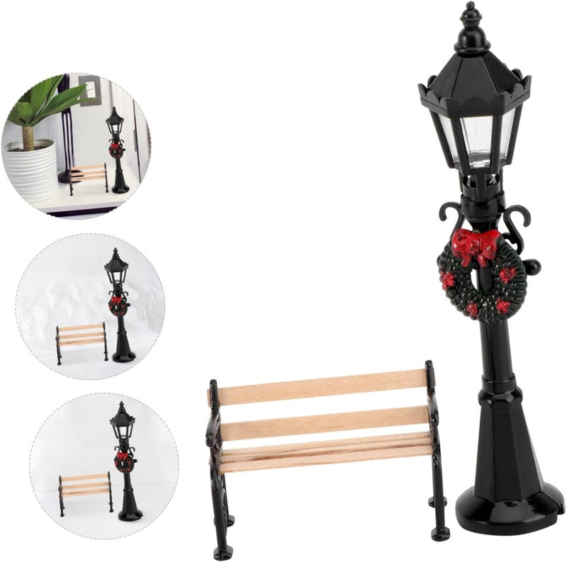 balacoo 2pcs Christmas Street Lamp Post and Miniature Park Bench Seat Mini Street Light Model Dollhouse Christmas Village Pathway Lantern Post Fairy Garden Accessories - Image 2